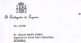 İspanya Büyükelçisinin Teşekkür Mektubu